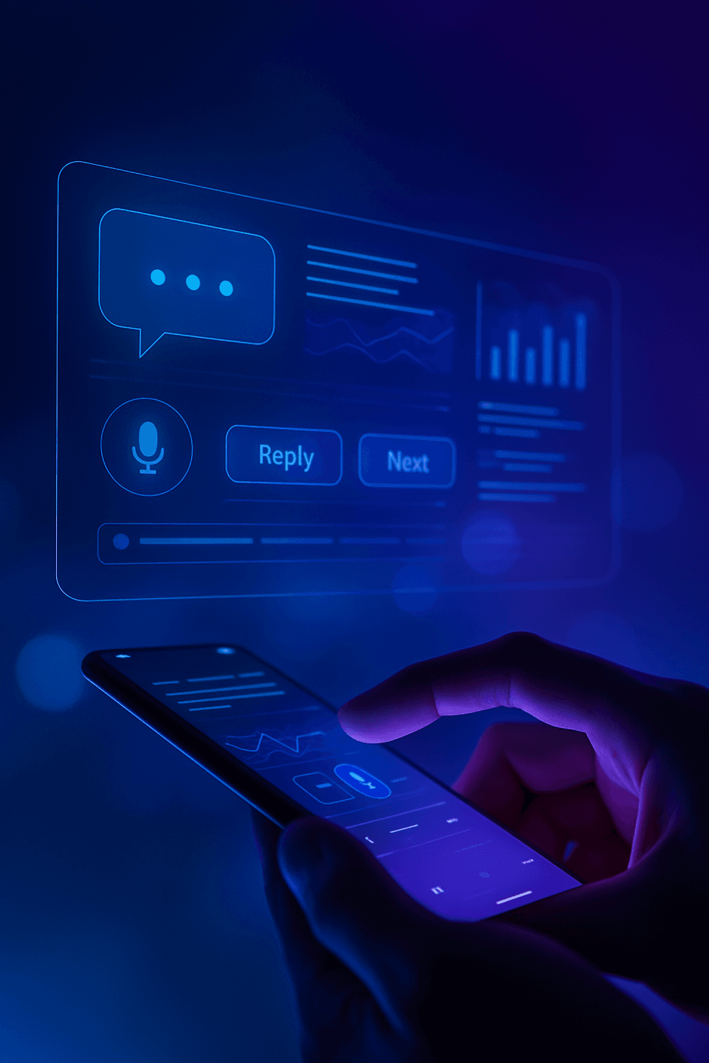 Una mano humana interactuando con una interfaz de chat futurista en un dispositivo móvil, con luces bokeh de fondo.