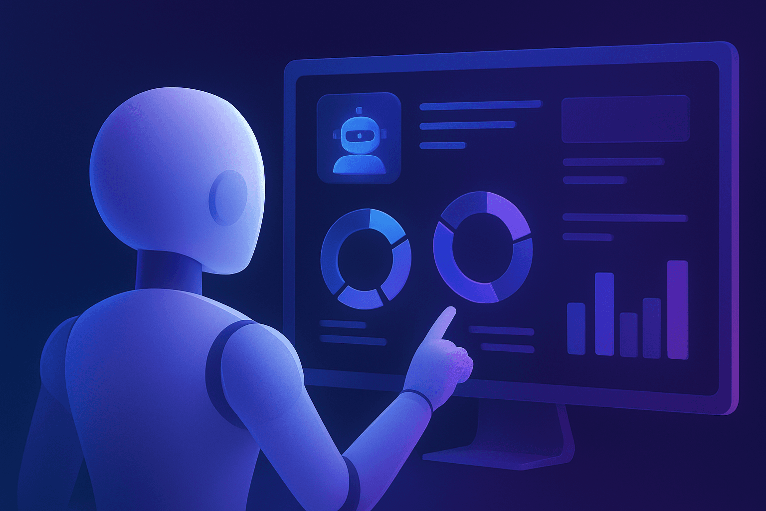 Un dashboard de software futurista con paneles flotantes, gráficos y perfiles de clones, con una estética de neón suave.
